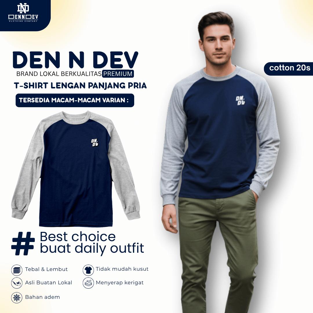 DEN N DEV | Kaos Lengan Panjang Raglan Pria Katun 20s | Kaos Cowok Sporty Casual
