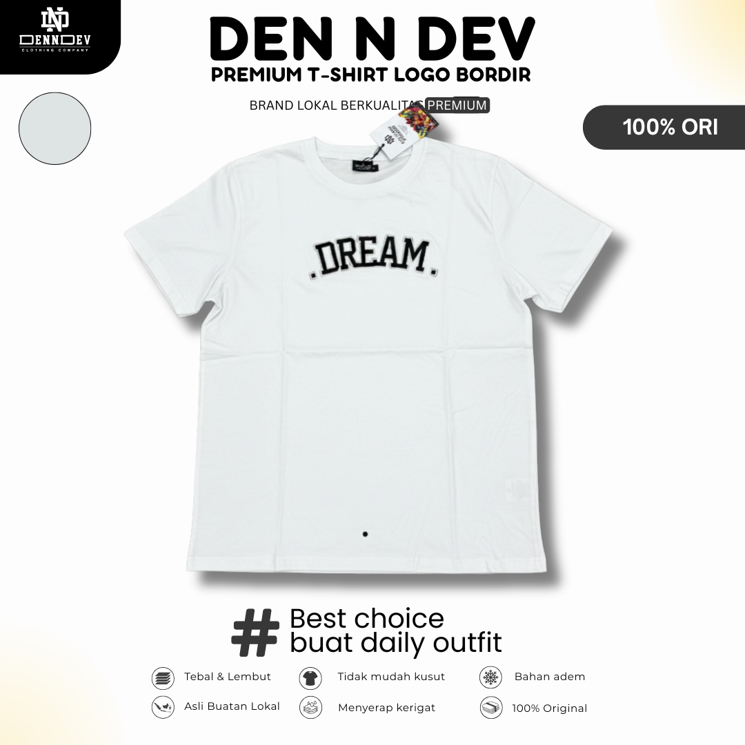 DEN N DEV | Kaos Bordir Lengan Pendek Logo Tulisan | Cotton Combed 24s Tebal Lembut & Adem