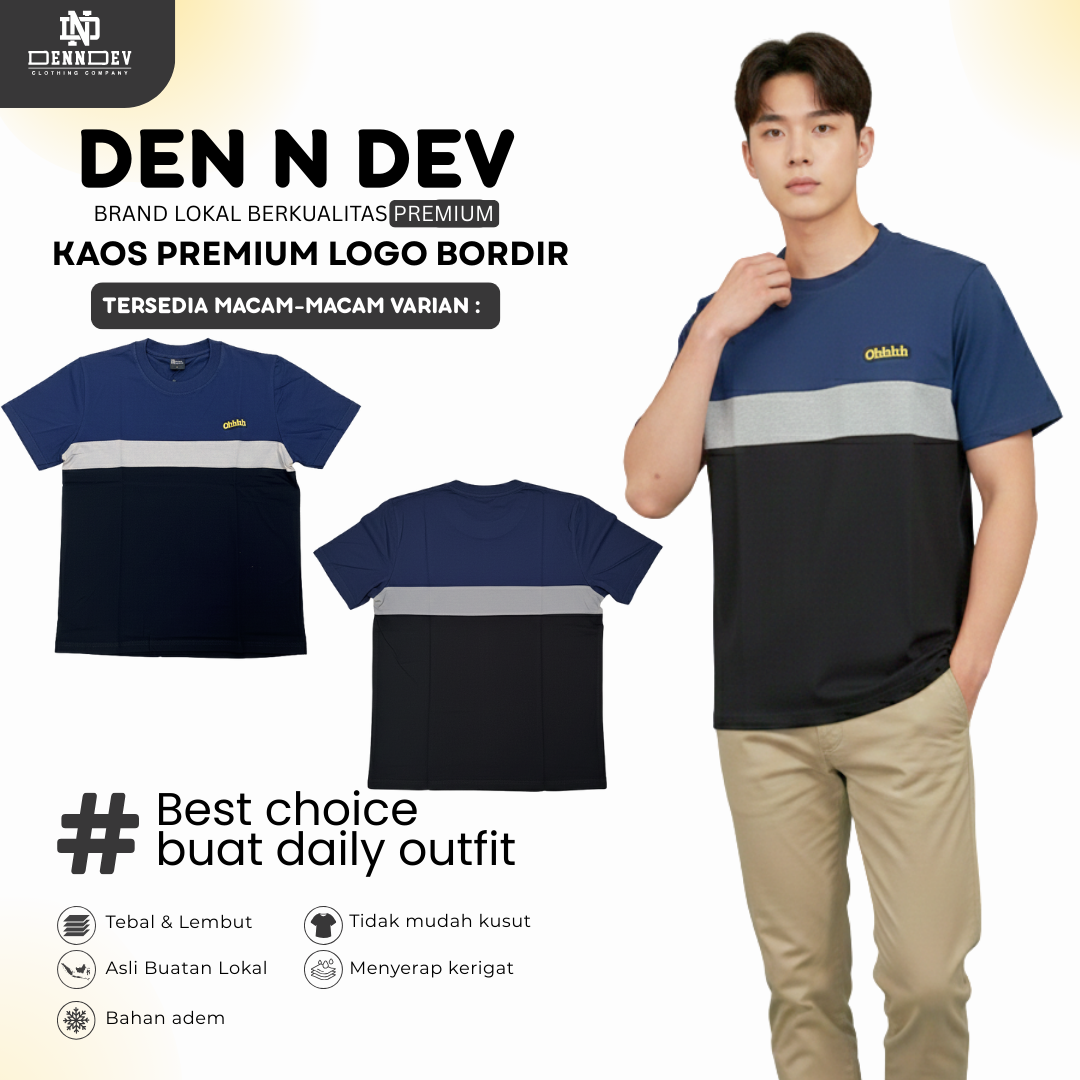 DEN N DEV | Kaos Kombinasi Lengan Pendek Logo Bordir | Cotton Combed 24s Adem & Nyaman