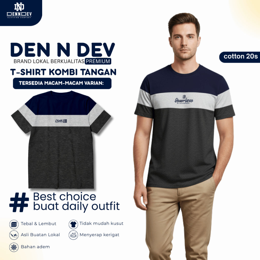 DEN N DEV | Kaos Kombinasi Warna Pria Katun 20s | T-Shirt Color Block 3 Warna Lengan Pendek