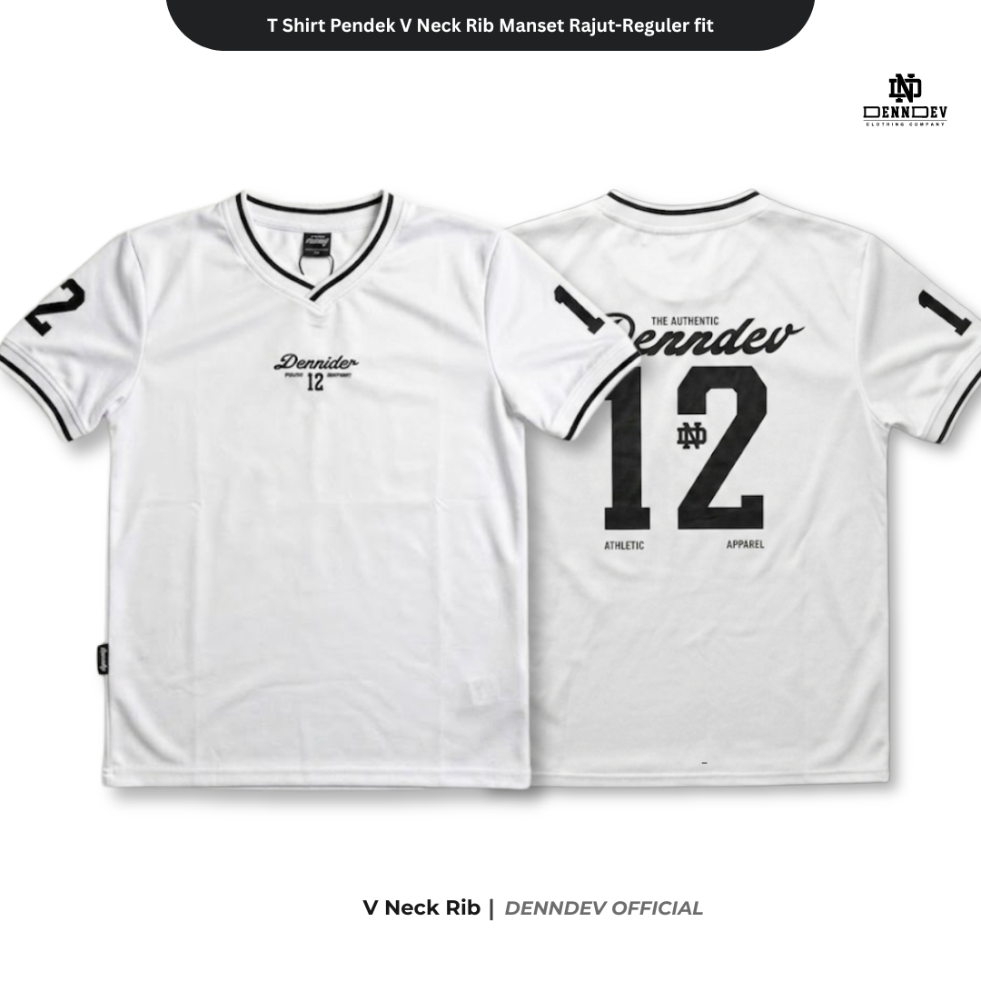 DEN N DEV - T Shirt Pendek Motif Angka V Neck Rib Manset Rajut