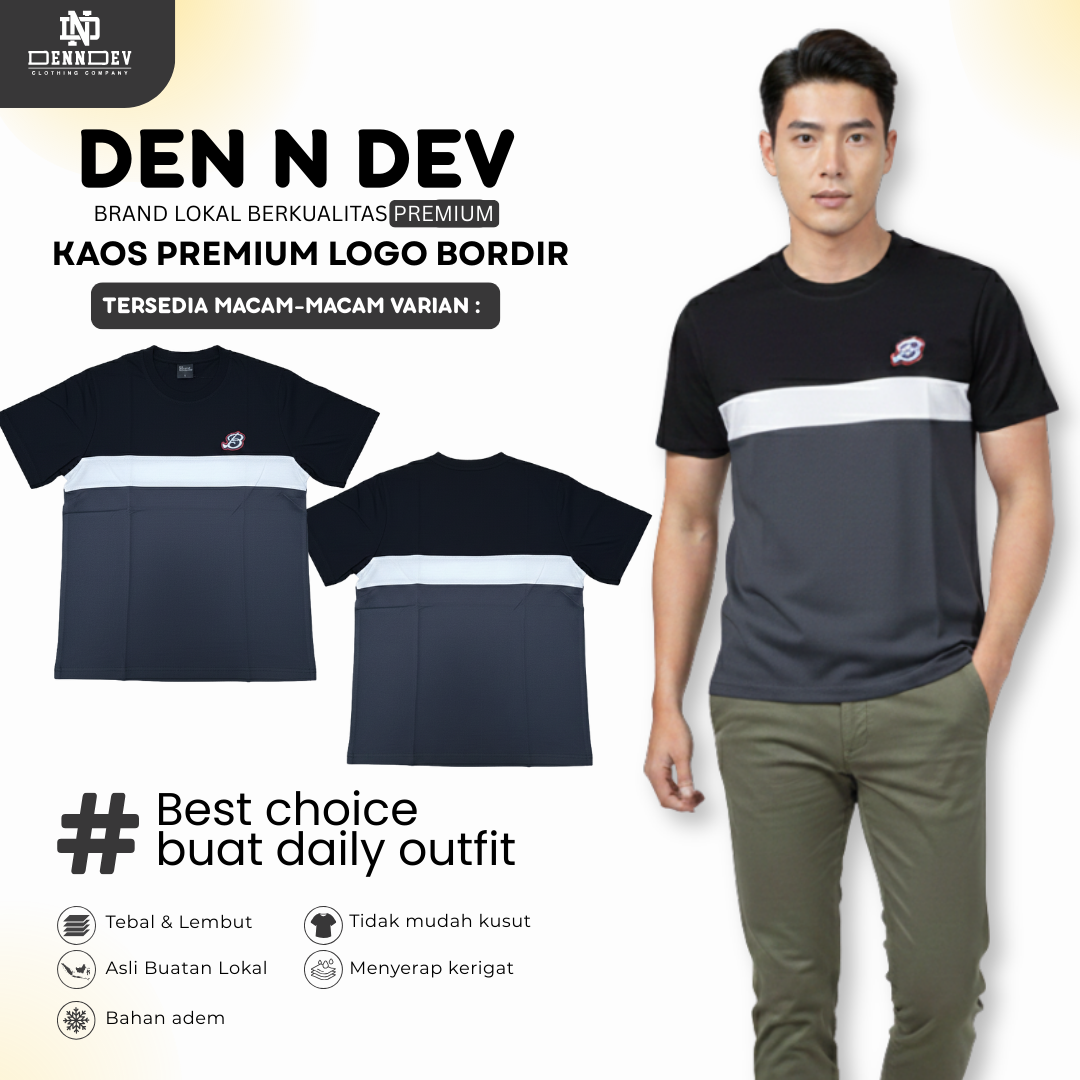 DEN N DEV | Kaos Kombinasi Lengan Pendek Logo Bordir | Cotton Combed 24s Adem & Nyaman