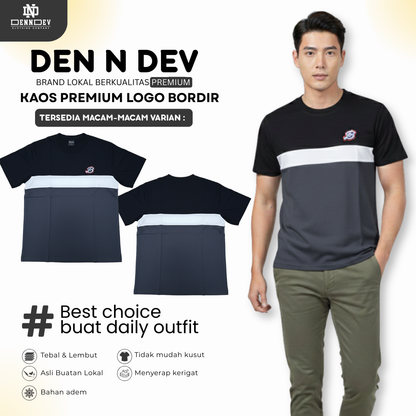 DEN N DEV | Kaos Kombinasi Lengan Pendek Logo Bordir | Cotton Combed 24s Adem & Nyaman
