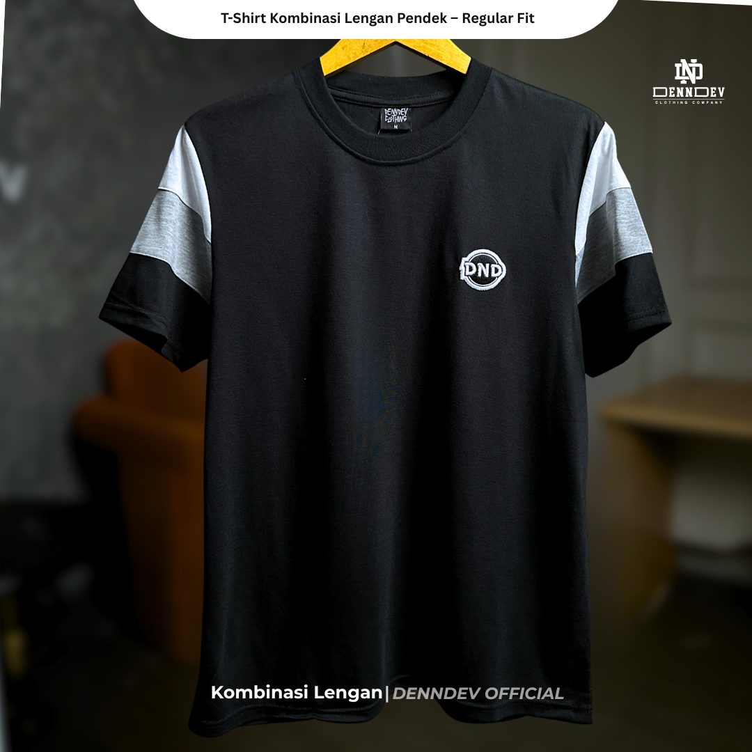 DEN N DEV | Kaos Lengan Pendek Kombinasi Lengan 3 Warna Patchbordir Logo Simpel Bahan Katun