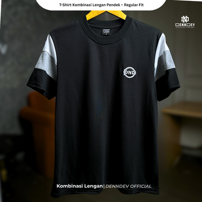 DEN N DEV | Kaos Lengan Pendek Kombinasi Lengan 3 Warna Patchbordir Logo Simpel Bahan Katun