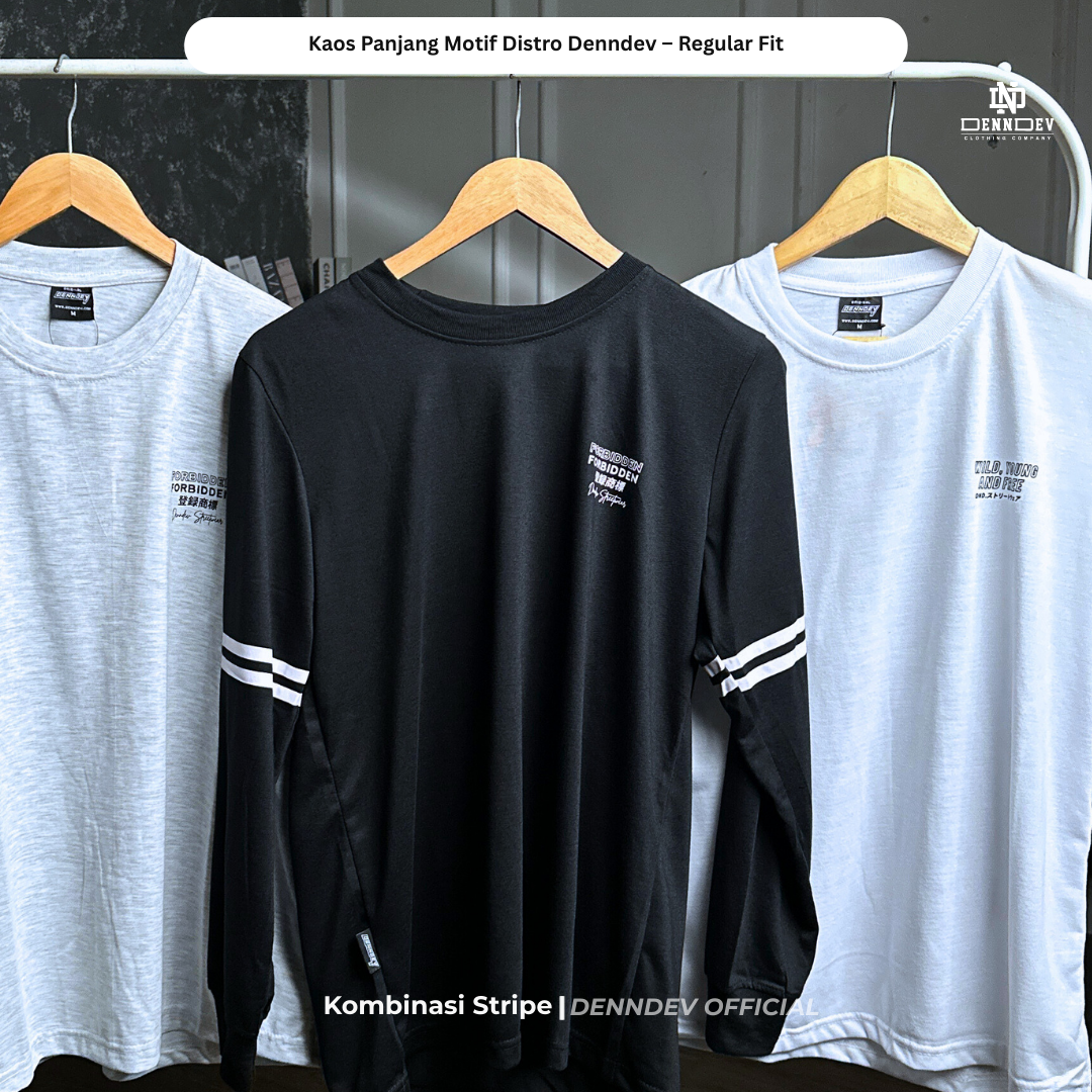 DEN N DEV | Kaos Lengan Panjang Double Stripe Lengan Motif Distro Unisex