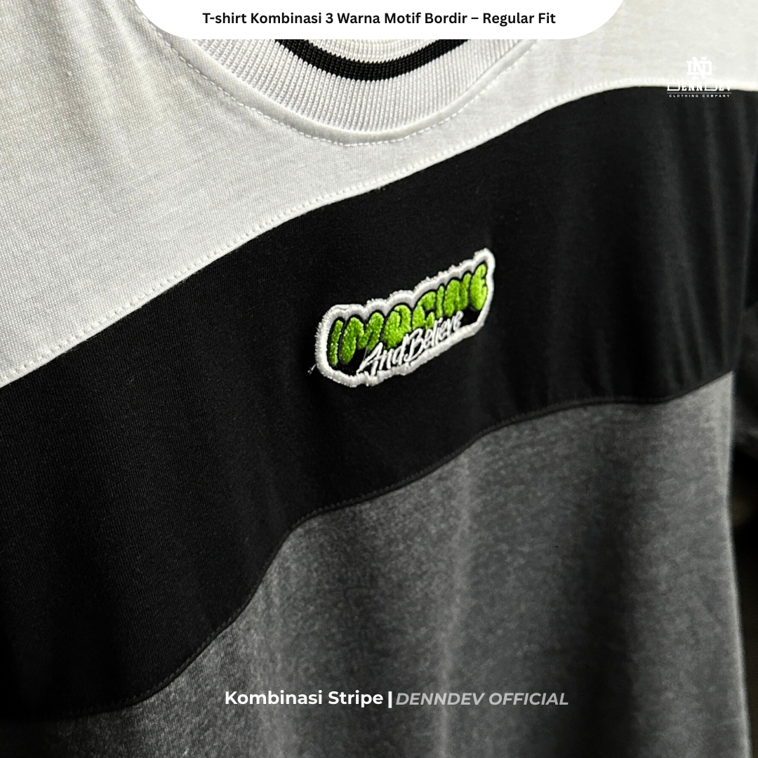 DEN N DEV | Kaos Unisex Kombinasi 3 Warna Logo Bordir | T-Shirt Blok Warna Kasual Pria Wanita