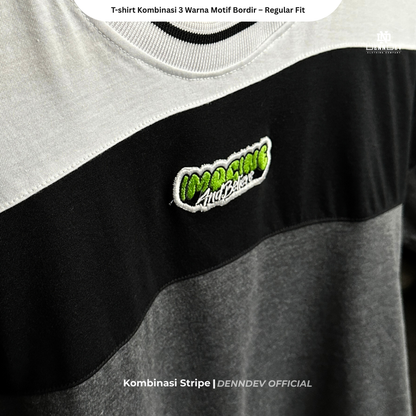 DEN N DEV | Kaos Unisex Kombinasi 3 Warna Logo Bordir | T-Shirt Blok Warna Kasual Pria Wanita