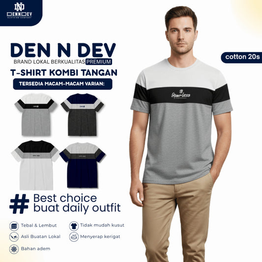 DEN N DEV | Kaos Kombinasi Warna Pria Katun 20s | T-Shirt Color Block 3 Warna Lengan Pendek