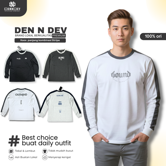 DEN N DEV Kaos Panjang Kombinasi Stripe | Long Sleeve Unisex | Baju Distro Lokal Premium