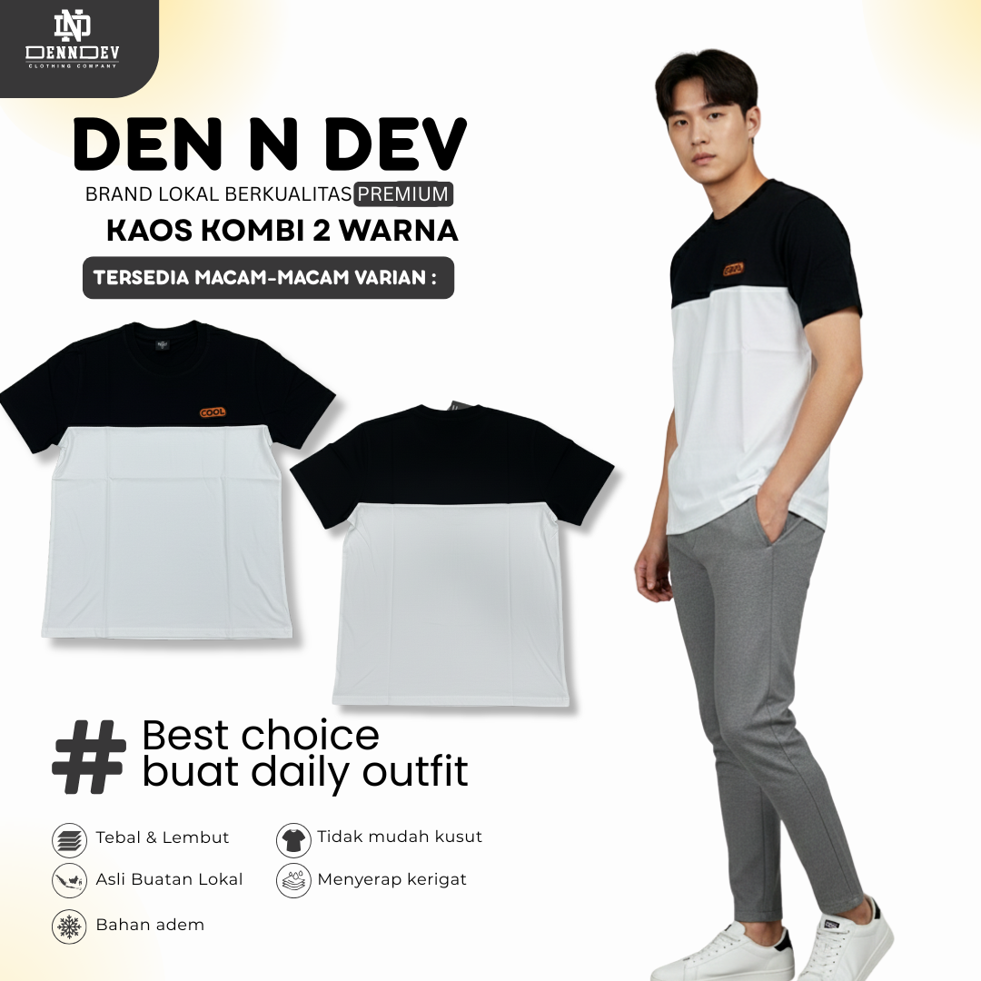DEN N DEV | Kaos Kombinasi 2 Warna Logo Bordir | Cotton Combed 24s Tebal & Adem