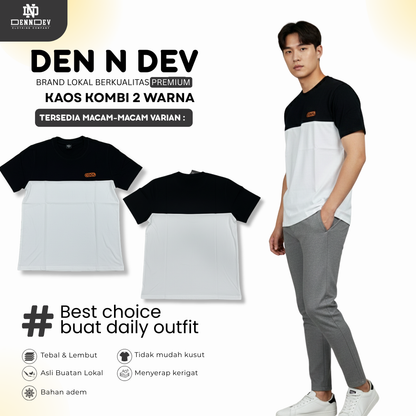 DEN N DEV | Kaos Kombinasi 2 Warna Logo Bordir | Cotton Combed 24s Tebal & Adem