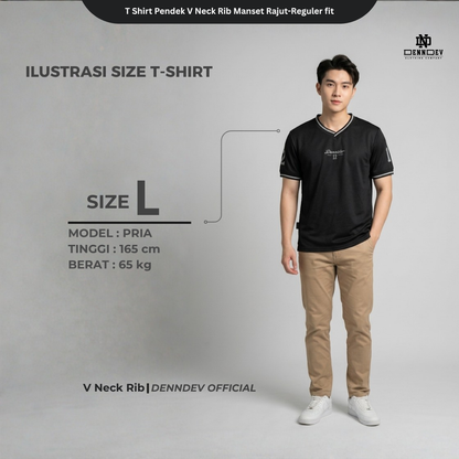 DEN N DEV - T Shirt Pendek Motif Angka V Neck Rib Manset Rajut