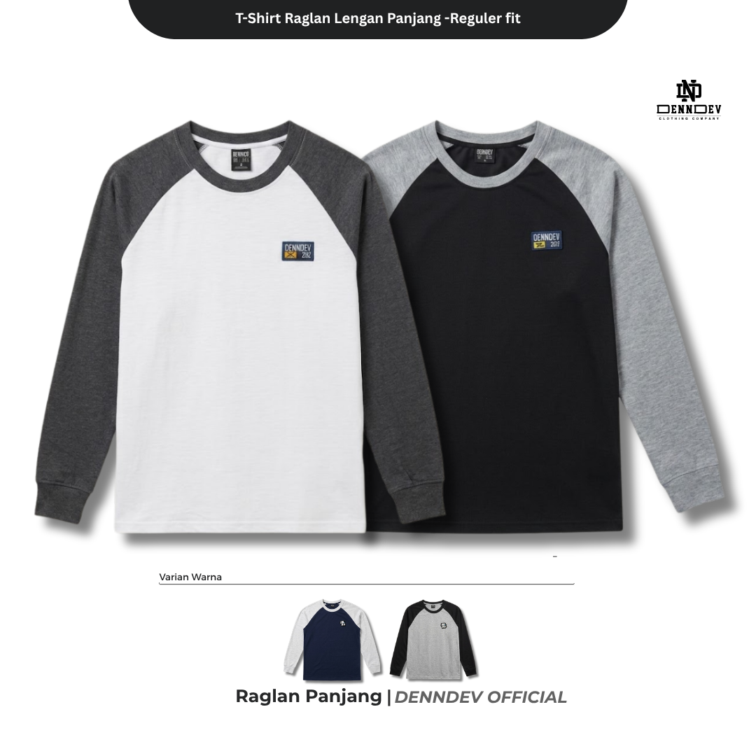 DEN N DEV | Kaos Lengan Panjang Raglan Pria Katun 20s | Kaos Cowok Sporty Casual