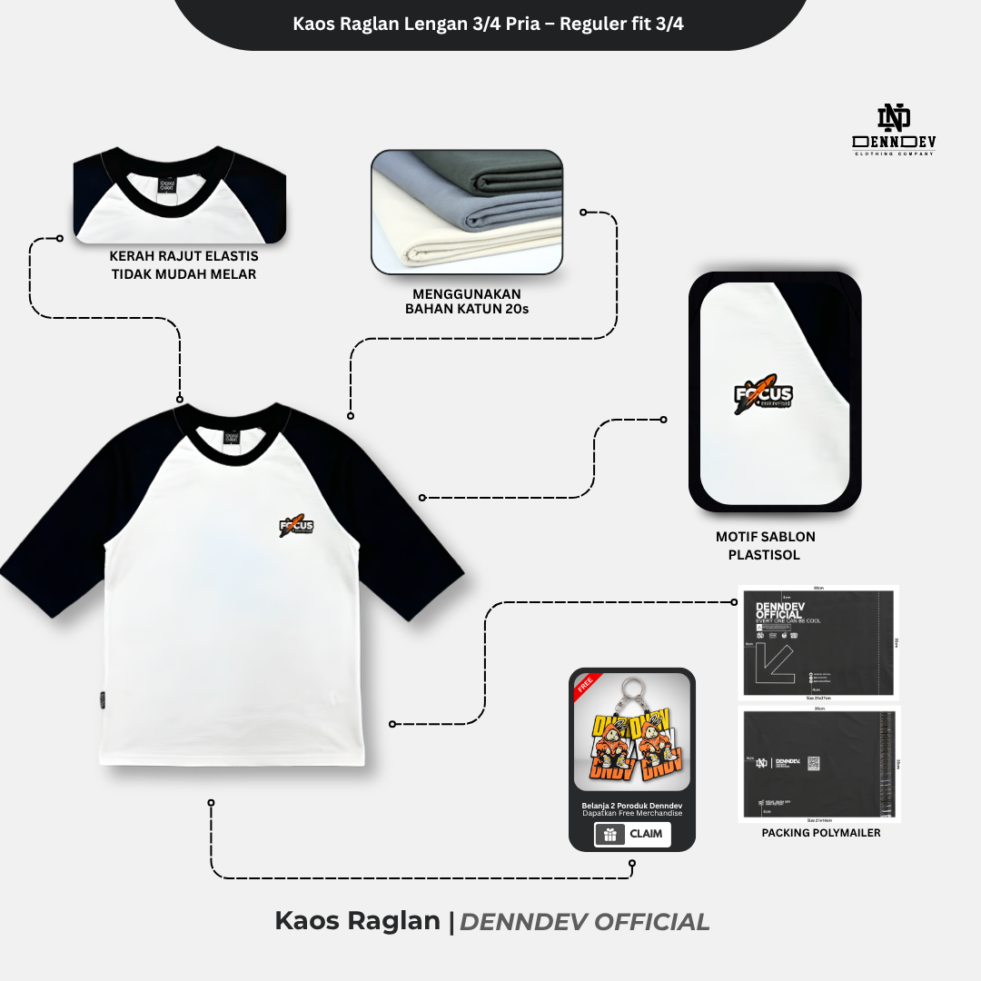 DEN N DEV - Kaos Raglan Lengan 3/4 Pria Katun 20s – Nyaman, Stylish & Tahan Lama
