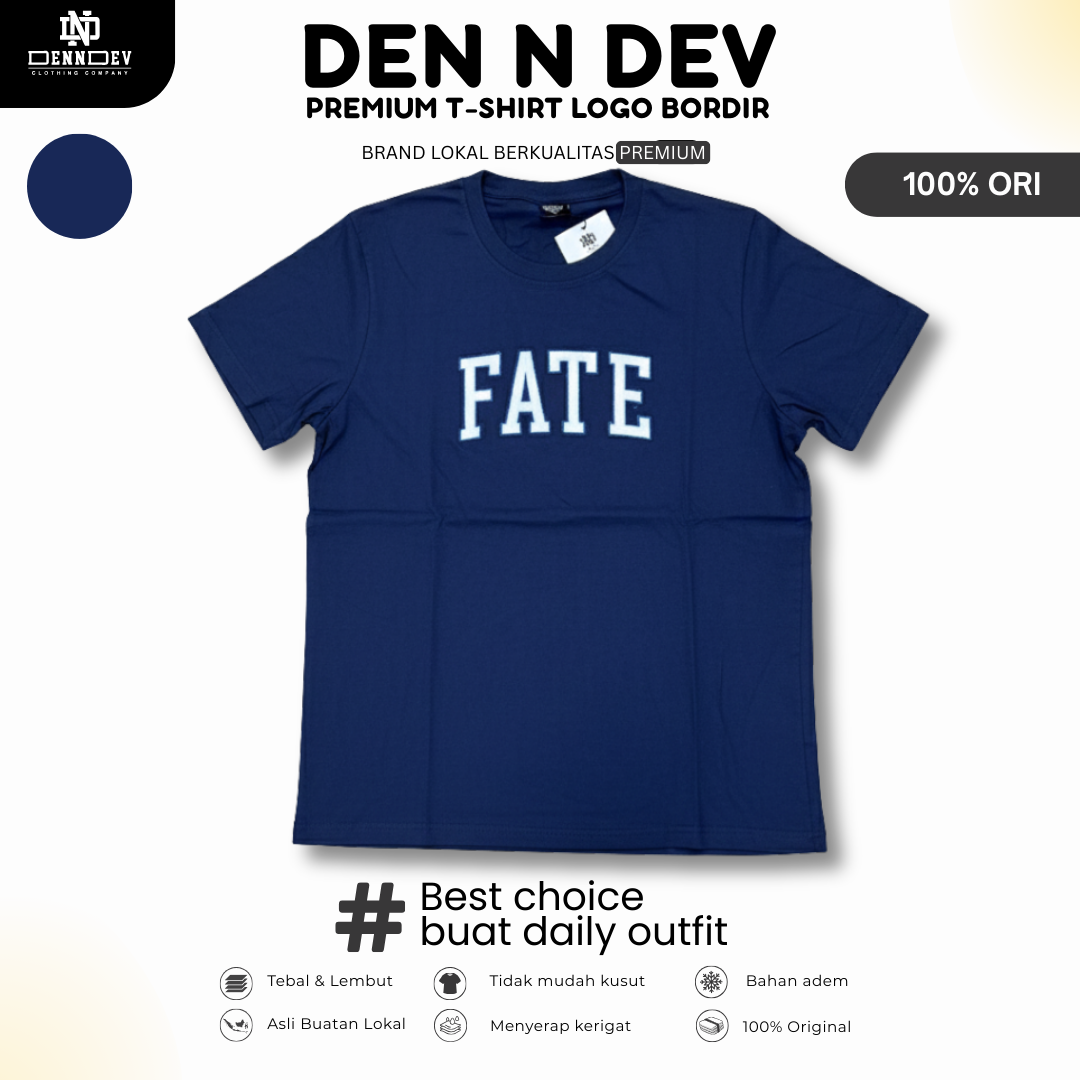 DEN N DEV | Kaos Bordir Lengan Pendek Logo Tulisan | Cotton Combed 24s Tebal Lembut & Adem