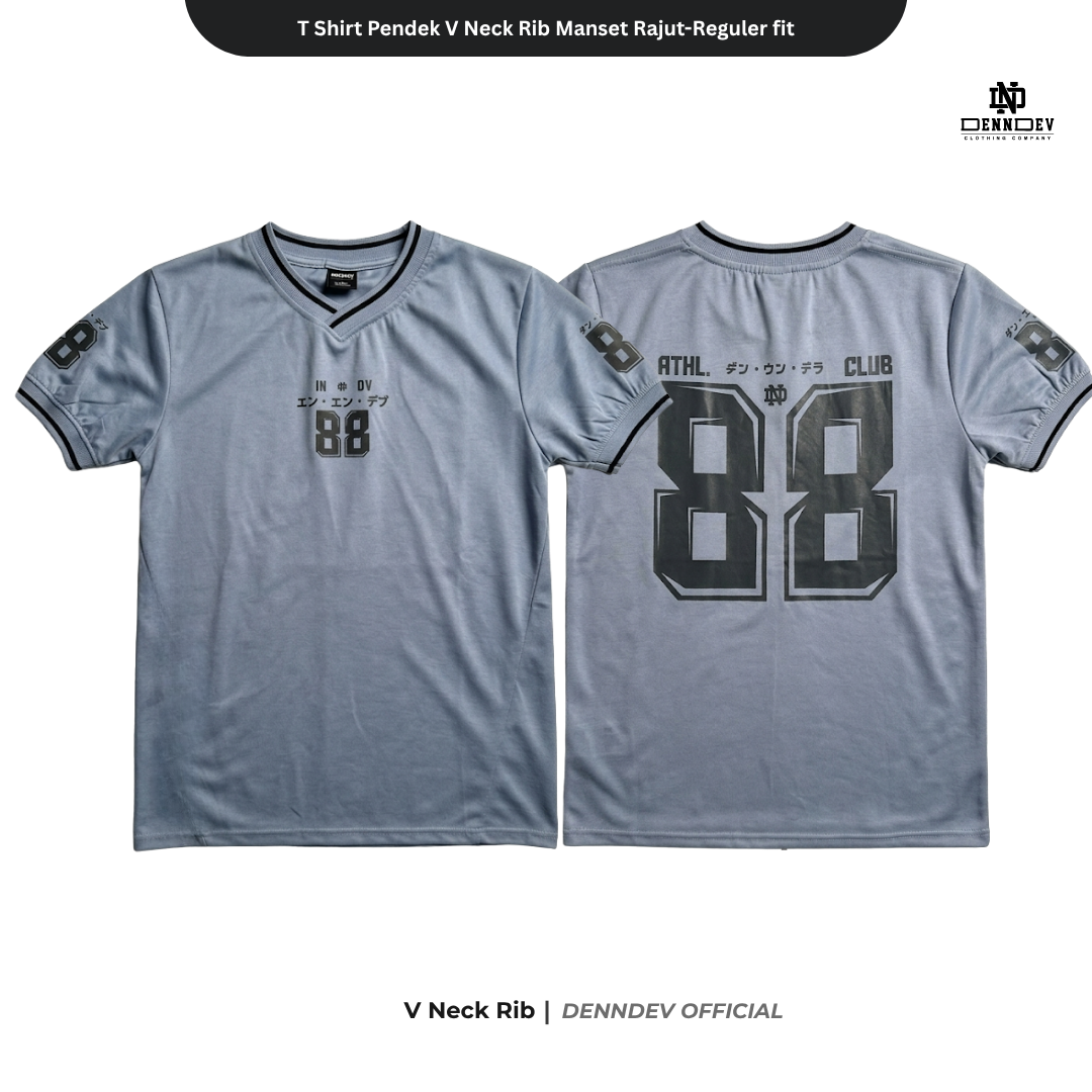 DEN N DEV - T Shirt Pendek Motif Angka V Neck Rib Manset Rajut