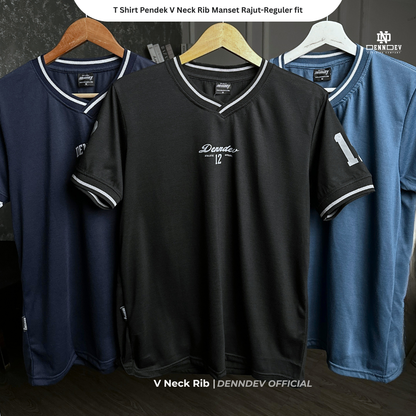 DEN N DEV - T Shirt Pendek Motif Angka V Neck Rib Manset Rajut