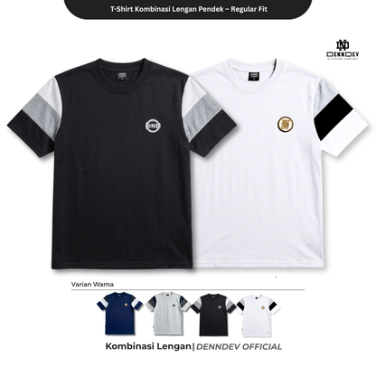 DEN N DEV | Kaos Lengan Pendek Kombinasi Lengan 3 Warna Patchbordir Logo Simpel Bahan Katun