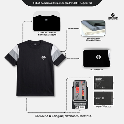 DEN N DEV | Kaos Lengan Pendek Kombinasi Lengan 3 Warna Patchbordir Logo Simpel Bahan Katun