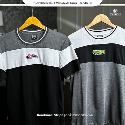 DEN N DEV | Kaos Unisex Kombinasi 3 Warna Logo Bordir | T-Shirt Blok Warna Kasual Pria Wanita