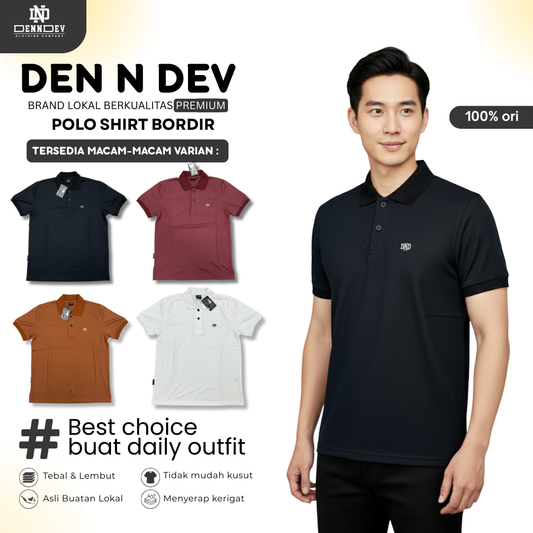 DEN N DEV | Kaos Kerah Polo Shirt Logo Bordir Dada Unisex | Polo Kasual Simpel
