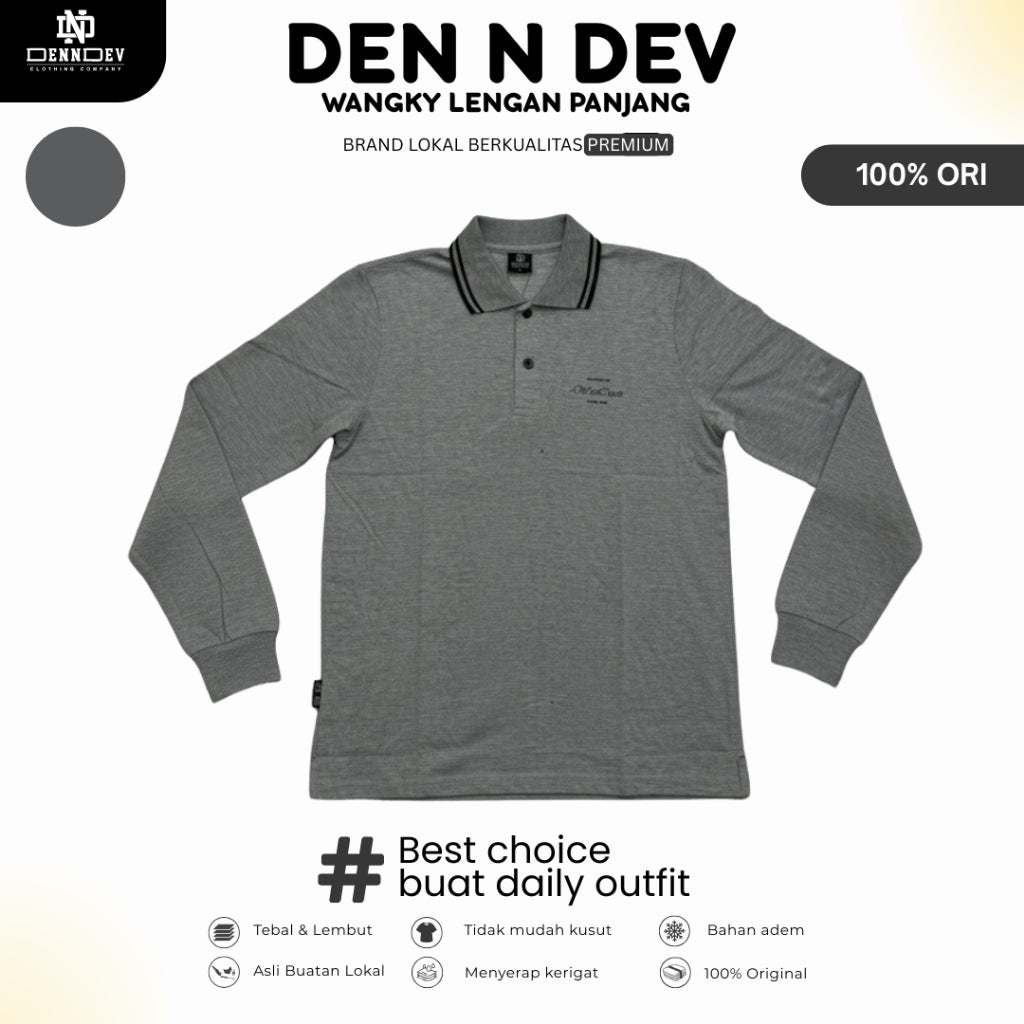 DEN N DEV | Kaos Wangky Lengan Panjang Katun 20s Kerah List Simpel Nyaman Dipakai