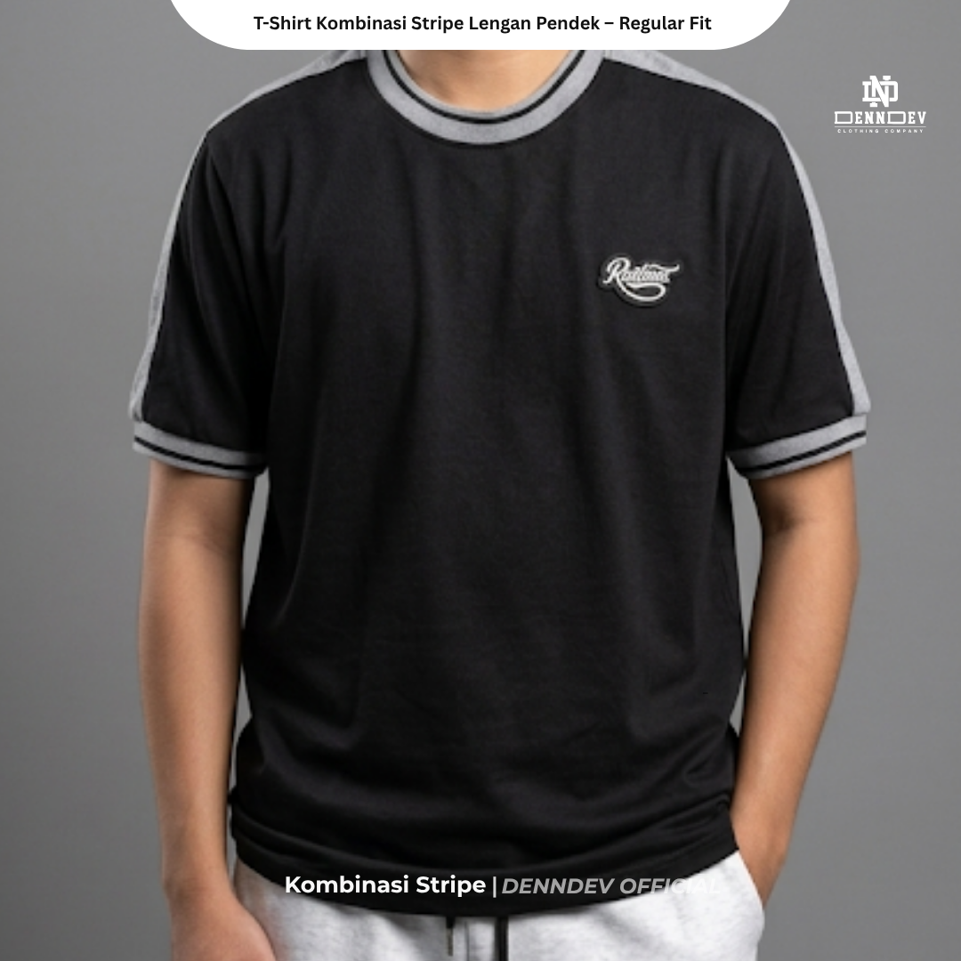 DEN N DEV | T-Shirt Kombinasi Stripe Lengan Kaos Distro Pria Wanita Cotton Tebal Asli Lokal