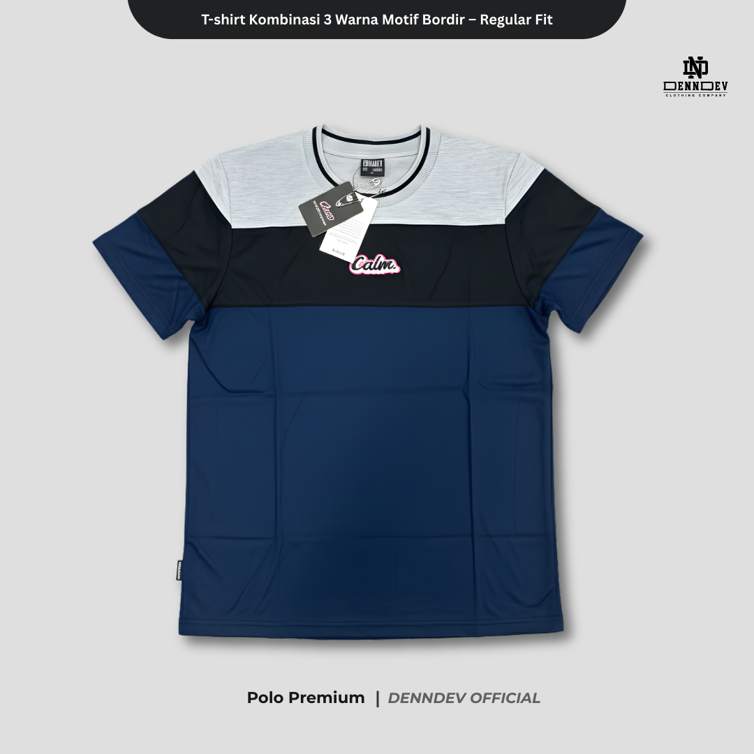 DEN N DEV | Kaos Unisex Kombinasi 3 Warna Logo Bordir | T-Shirt Blok Warna Kasual Pria Wanita