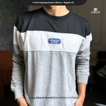 DEN N DEV | T-Shirt Panjang Kombinasi Pria Patch Bordir | Katun 20s Tebal & Adem