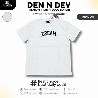 DEN N DEV | Kaos Bordir Lengan Pendek Logo Tulisan | Cotton Combed 24s Tebal Lembut & Adem