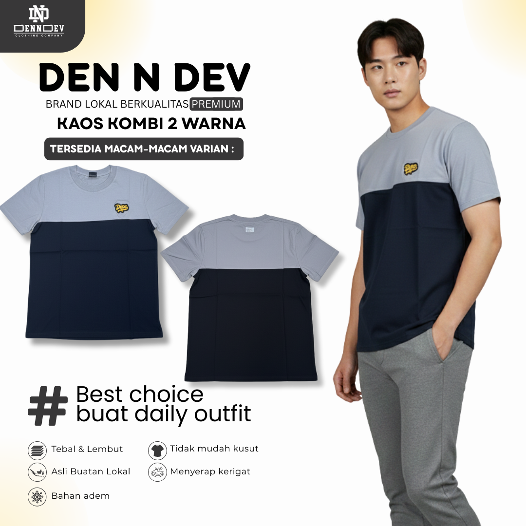 DEN N DEV | Kaos Kombinasi 2 Warna Logo Bordir | Cotton Combed 24s Tebal & Adem