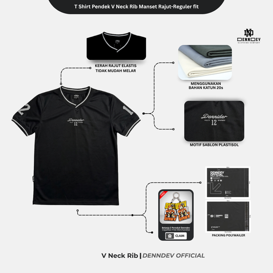 DEN N DEV - T Shirt Pendek Motif Angka V Neck Rib Manset Rajut