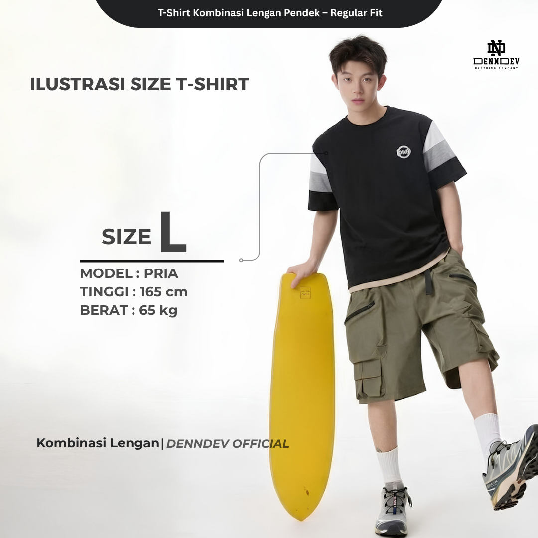 DEN N DEV | Kaos Lengan Pendek Kombinasi Lengan 3 Warna Patchbordir Logo Simpel Bahan Katun