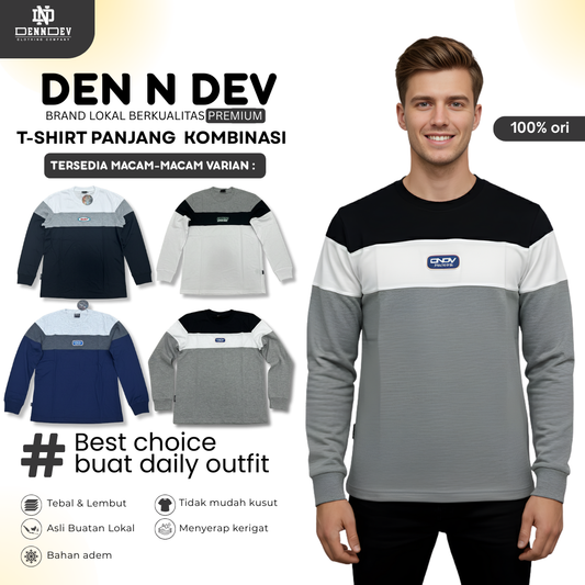 DEN N DEV | T-Shirt Panjang Kombinasi Pria Patch Bordir | Katun 20s Tebal & Adem