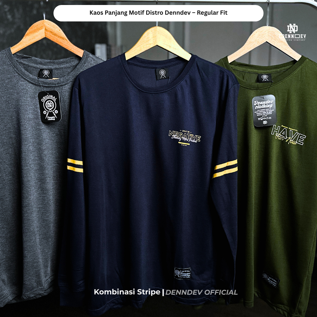 DEN N DEV | Kaos Lengan Panjang Double Stripe Lengan Motif Distro Unisex
