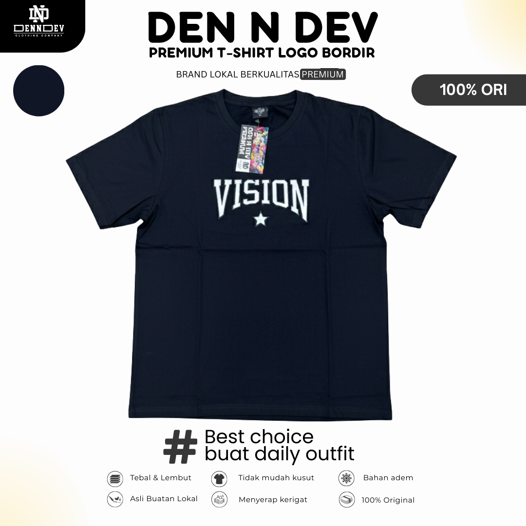 DEN N DEV | Kaos Bordir Lengan Pendek Logo Tulisan | Cotton Combed 24s Tebal Lembut & Adem
