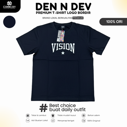 DEN N DEV | Kaos Bordir Lengan Pendek Logo Tulisan | Cotton Combed 24s Tebal Lembut & Adem