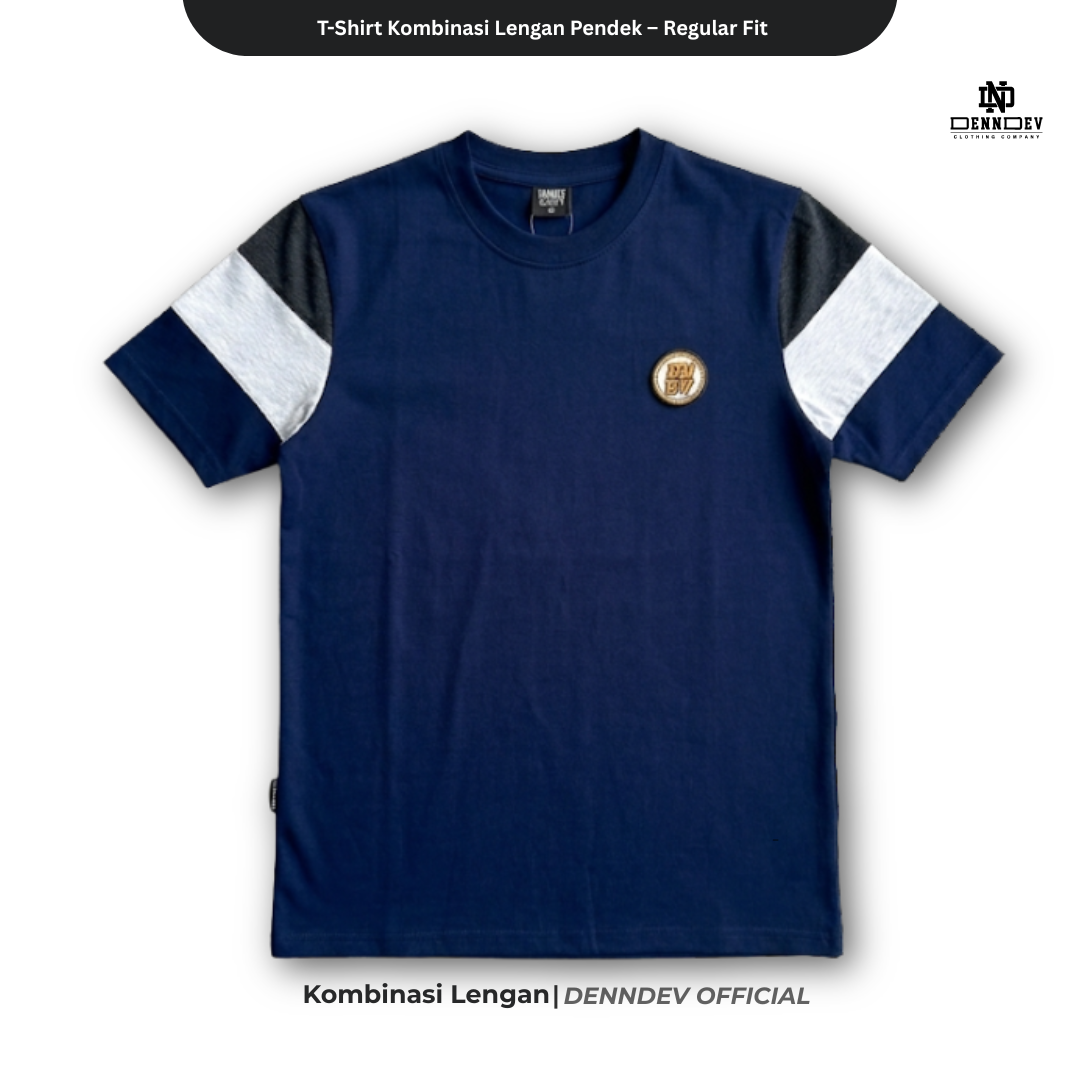 DEN N DEV | Kaos Lengan Pendek Kombinasi Lengan 3 Warna Patchbordir Logo Simpel Bahan Katun