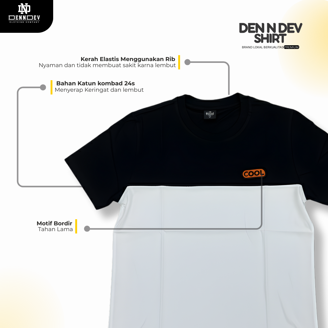 DEN N DEV | Kaos Kombinasi 2 Warna Logo Bordir | Cotton Combed 24s Tebal & Adem