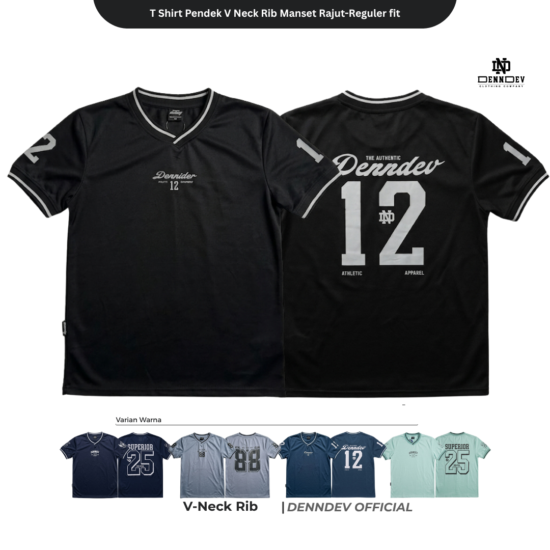 DEN N DEV - T Shirt Pendek Motif Angka V Neck Rib Manset Rajut