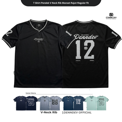 DEN N DEV - T Shirt Pendek Motif Angka V Neck Rib Manset Rajut