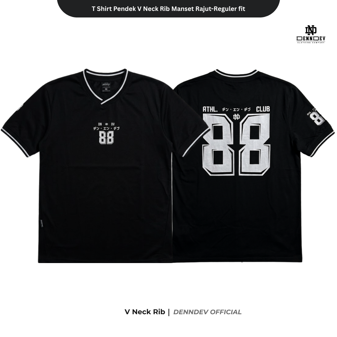 DEN N DEV - T Shirt Pendek Motif Angka V Neck Rib Manset Rajut