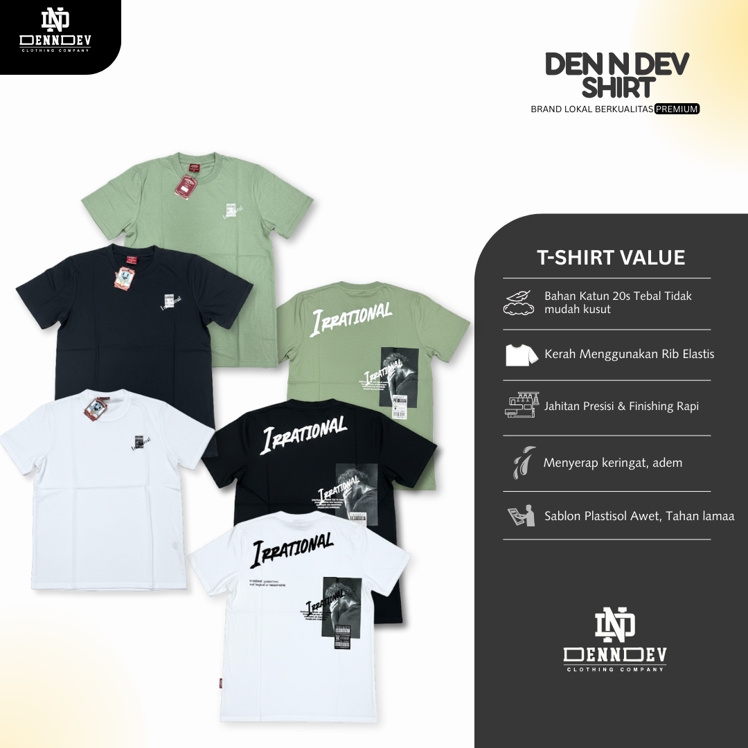 DEN N DEV - Pakaian pria keren pendek/baju cowo keren motif IRRATIONAL/Kaos simpel
