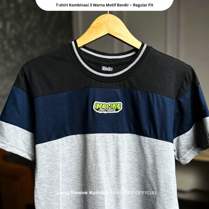 DEN N DEV | Kaos Unisex Kombinasi 3 Warna Logo Bordir | T-Shirt Blok Warna Kasual Pria Wanita