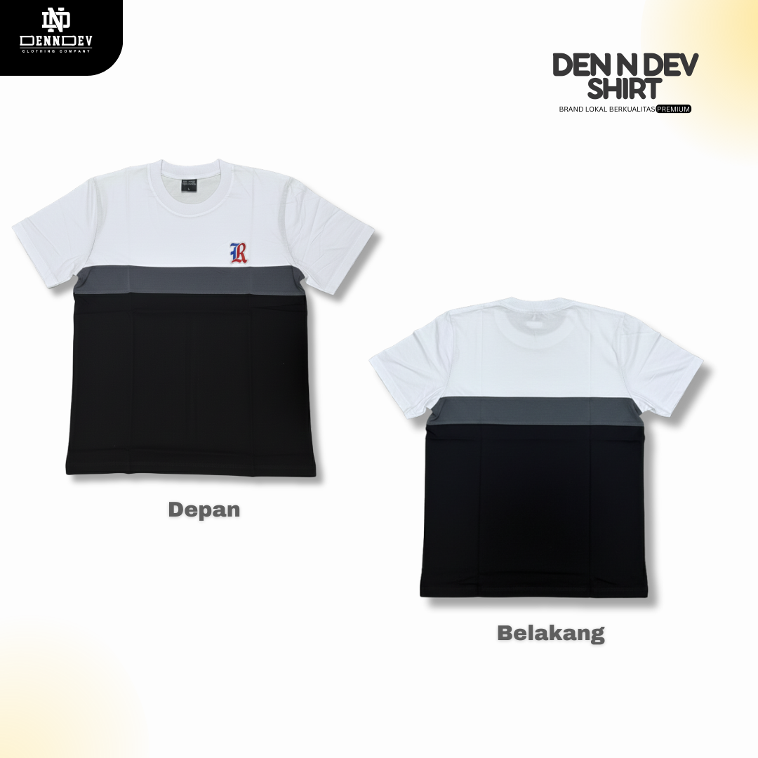 DEN N DEV | Kaos Kombinasi Lengan Pendek Logo Bordir | Cotton Combed 24s Adem & Nyaman
