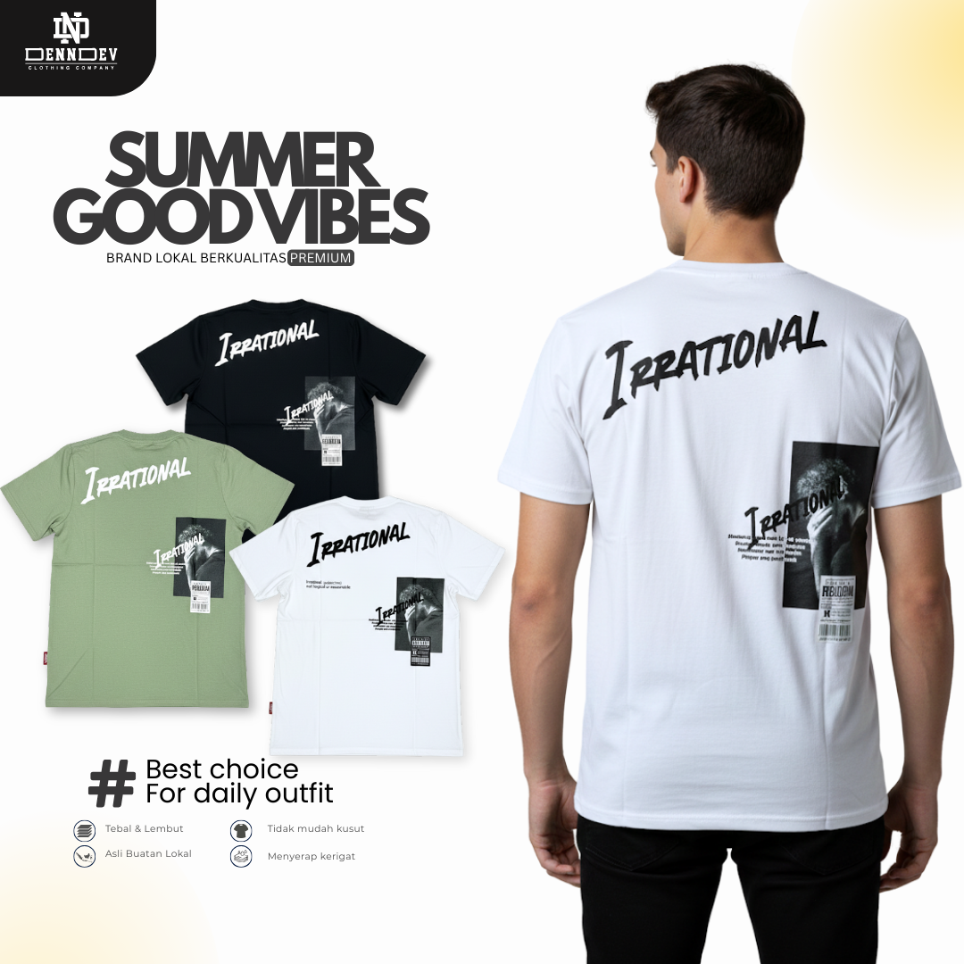 DEN N DEV - Pakaian pria keren pendek/baju cowo keren motif IRRATIONAL/Kaos simpel