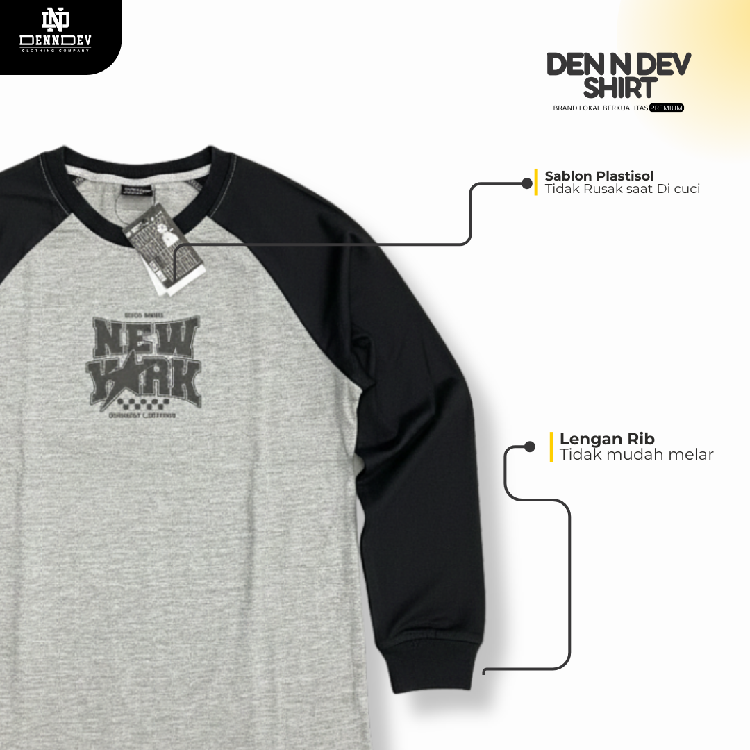 DEN N DEV | Kaos Raglan Distro Unisex Lengan Panjang Kombinasi Warna