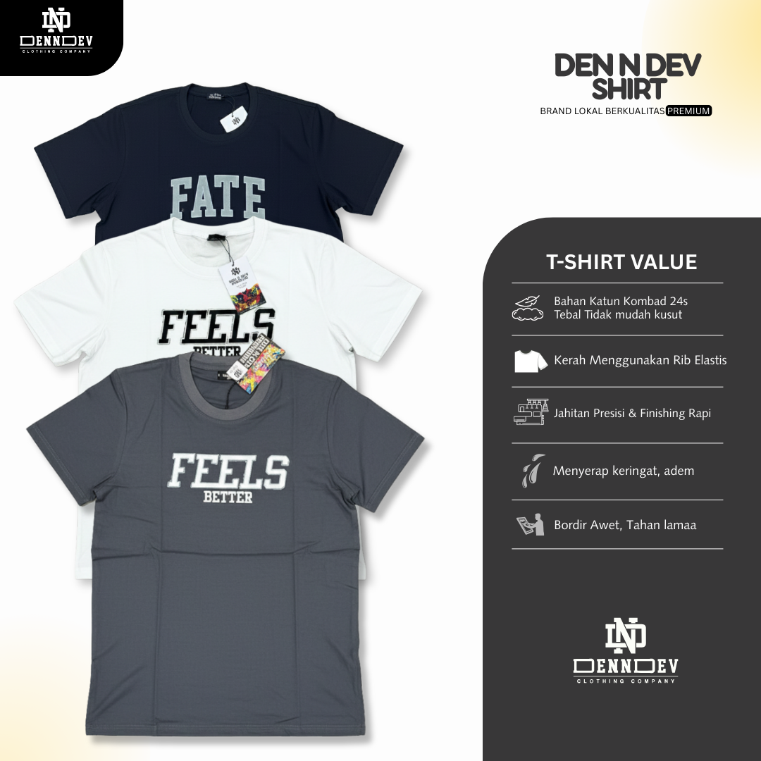 DEN N DEV | Kaos Bordir Lengan Pendek Logo Tulisan | Cotton Combed 24s Tebal Lembut & Adem