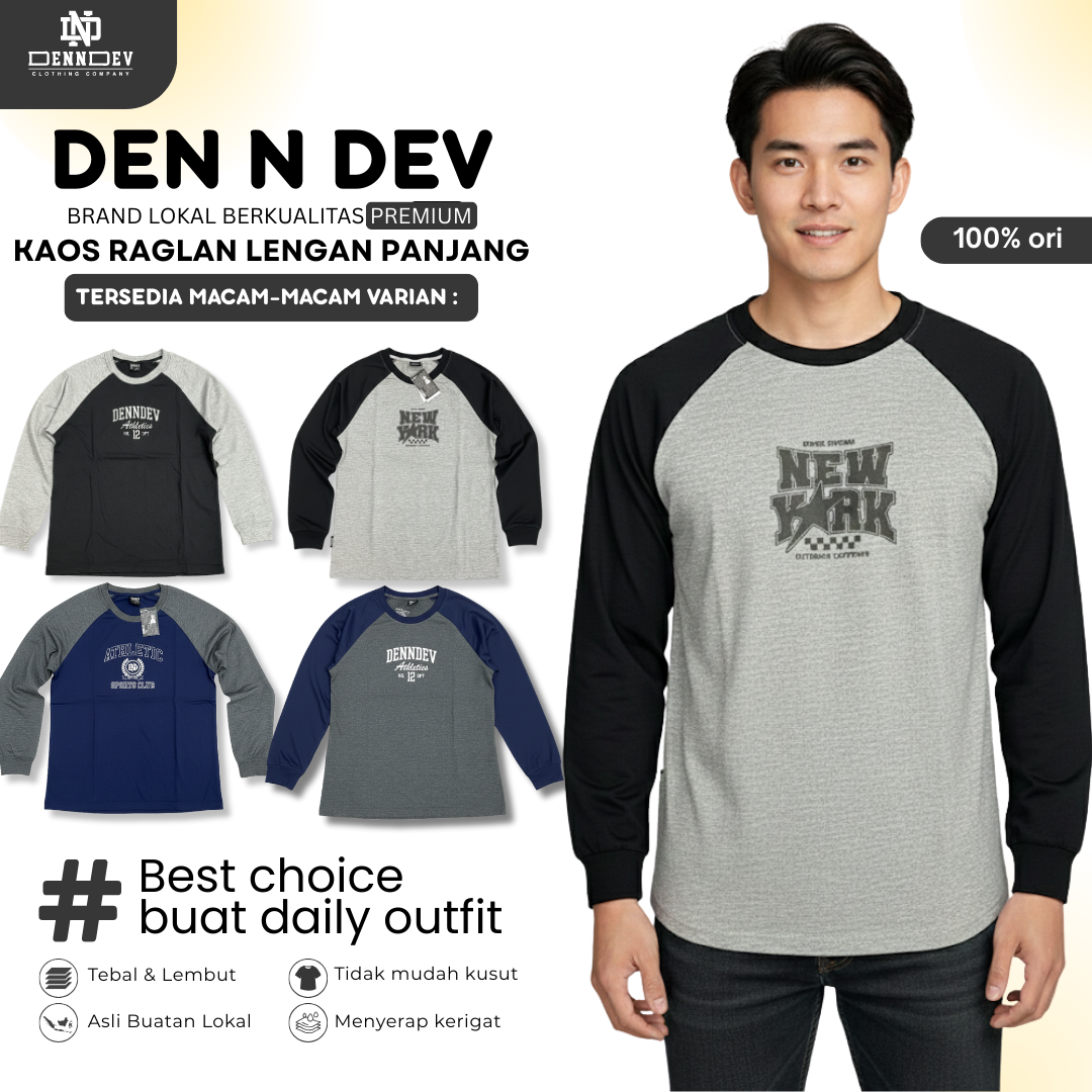 DEN N DEV | Kaos Raglan Distro Unisex Lengan Panjang Kombinasi Warna